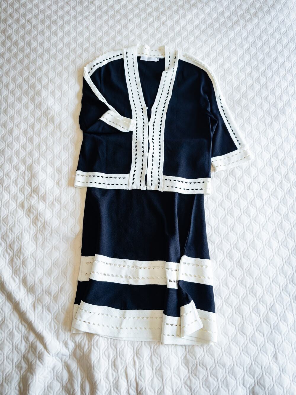 Anne Fontaine Suit (Cardigan & A-Line Knit Skirt) Black White Crochet Trim Sz M